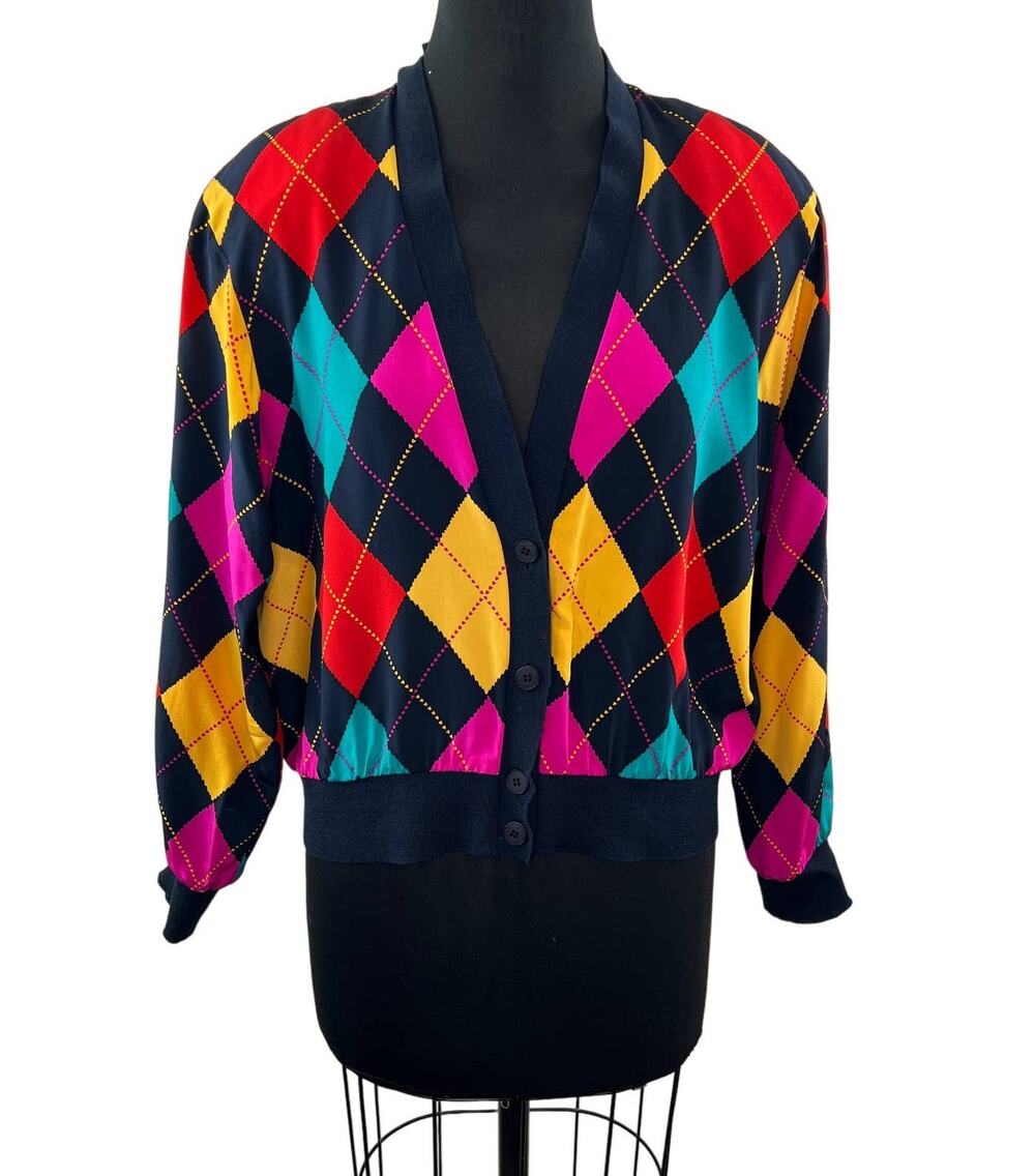 VINTAGE Liz Claiborne Multicolor Argyle Silk Button Down Cardigan Size Petite 12